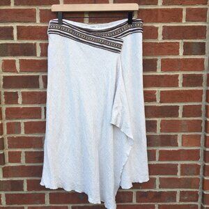 Cato Midi Skirt Womens Size 12 Cream Brown Faux Wrap Boho Linen Blend